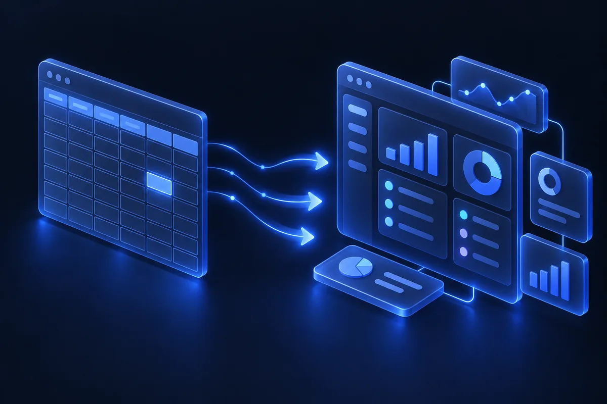 Tablo ızgarasının düzenli pano kartlarına dönüştüğünü gösteren koyu lacivert 3D illüstrasyon.