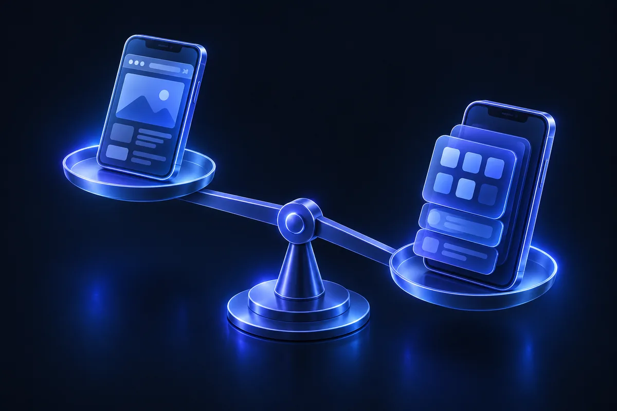 İki telefonun terazi üzerinde yan yana karşılaştırıldığını gösteren koyu lacivert 3D illüstrasyon.