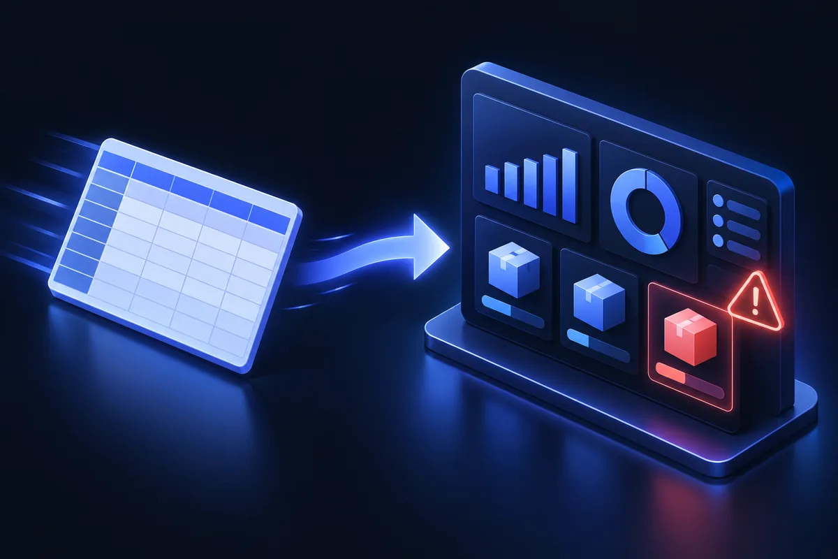 Excel tablosundan stok paneline geçişi, ardından kritik stok uyarısını gösteren lacivert izometrik illüstrasyon